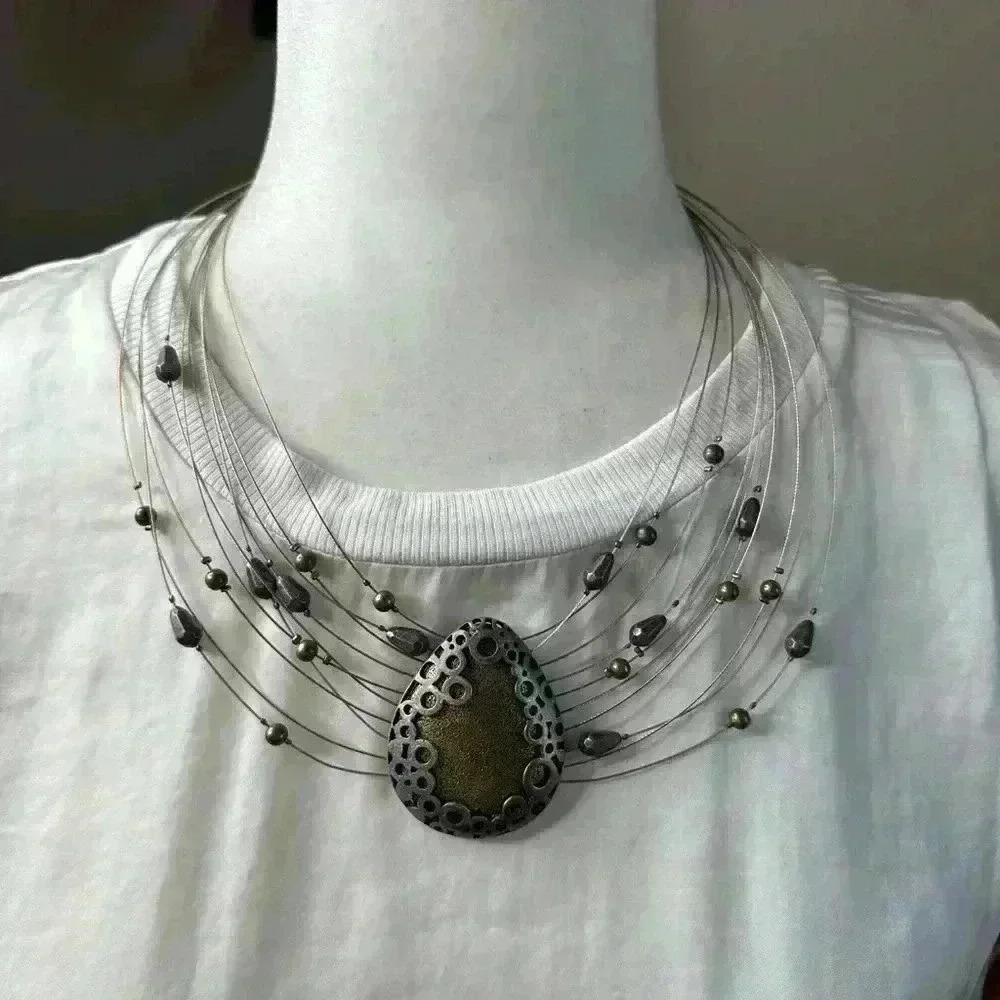 Vintage multi strand metal gold and silver tone necklace 16”